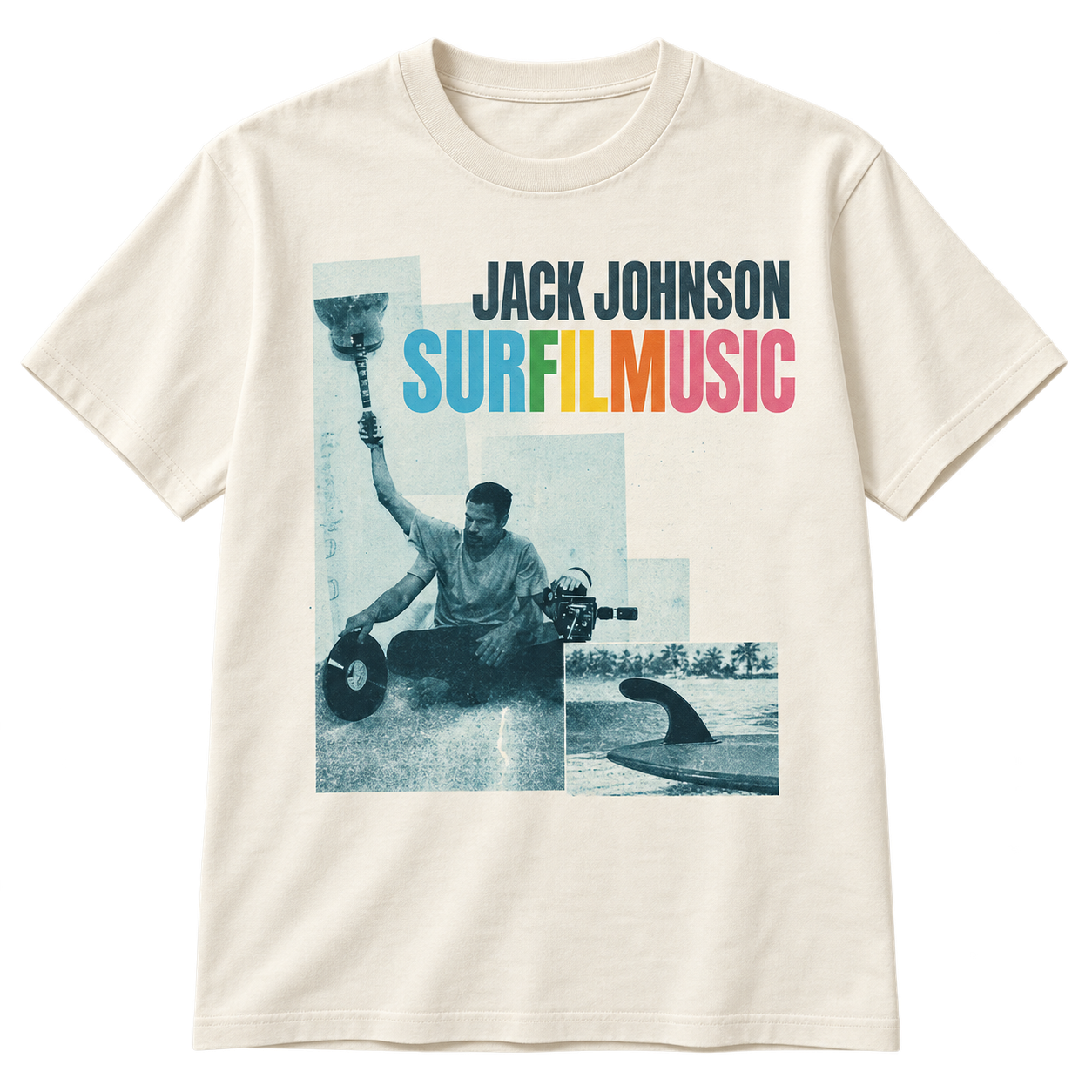 Natural cotton Jack Johnson SURFILMUSIC shirt with multicolor title and vintage teal collage